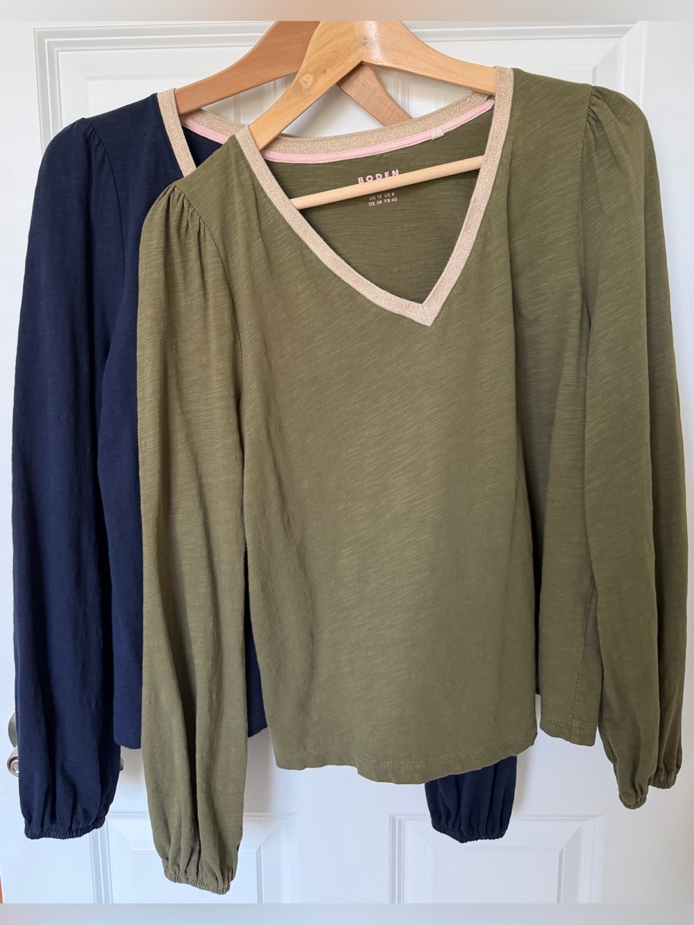 Boden Olive and Blue V-Neck Puff Sleeve Top